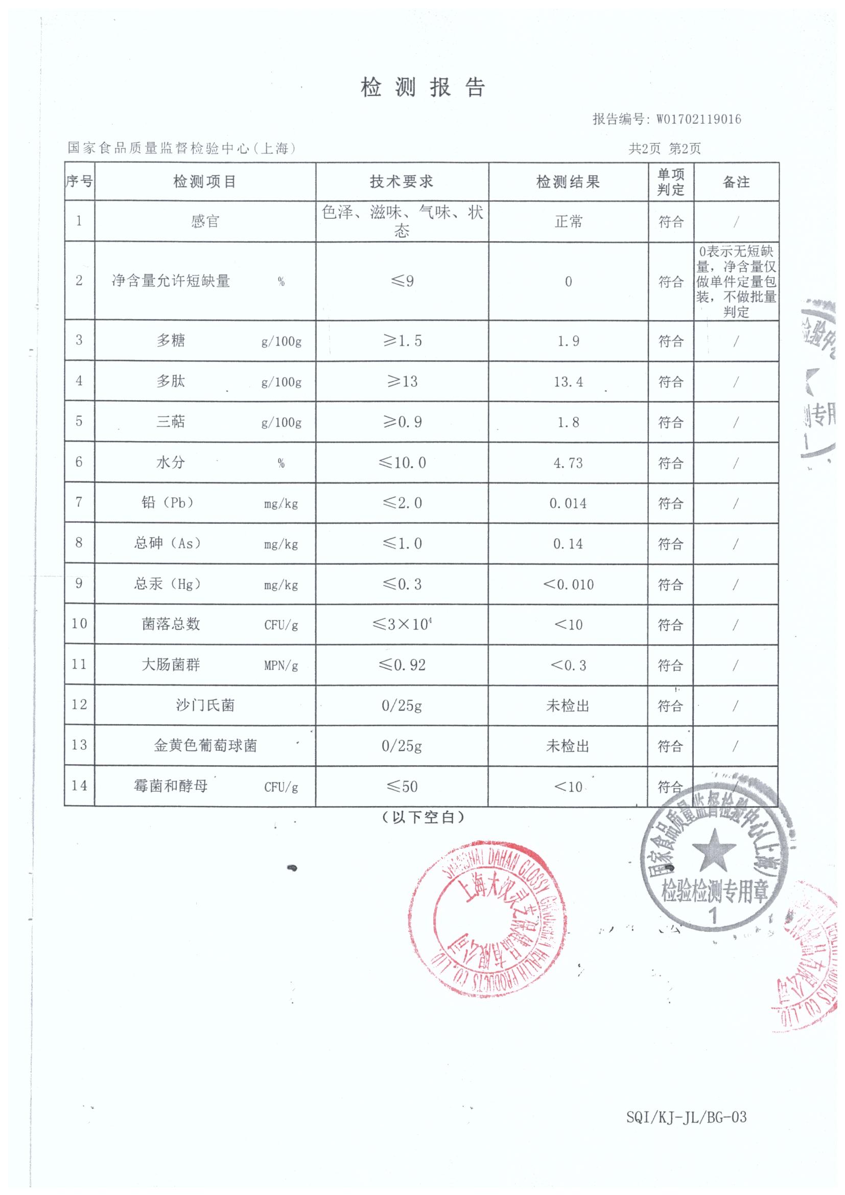 菇新大漢靈芝三圣膠囊產(chǎn)品檢測(cè)報(bào)告